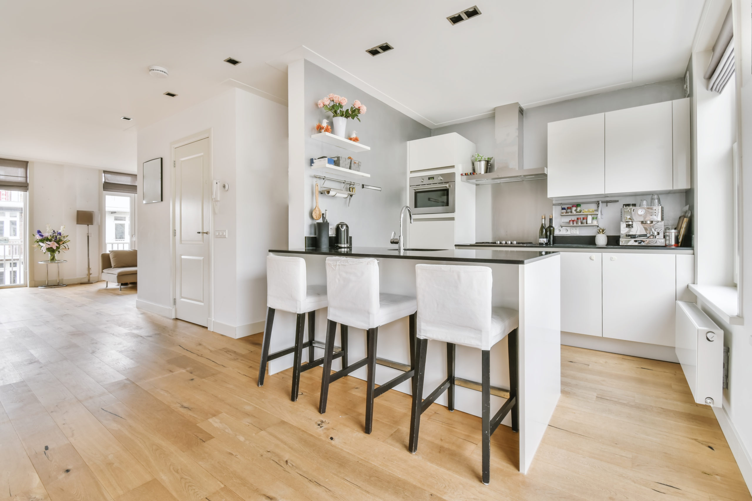 Stylish kitchen with black countertop